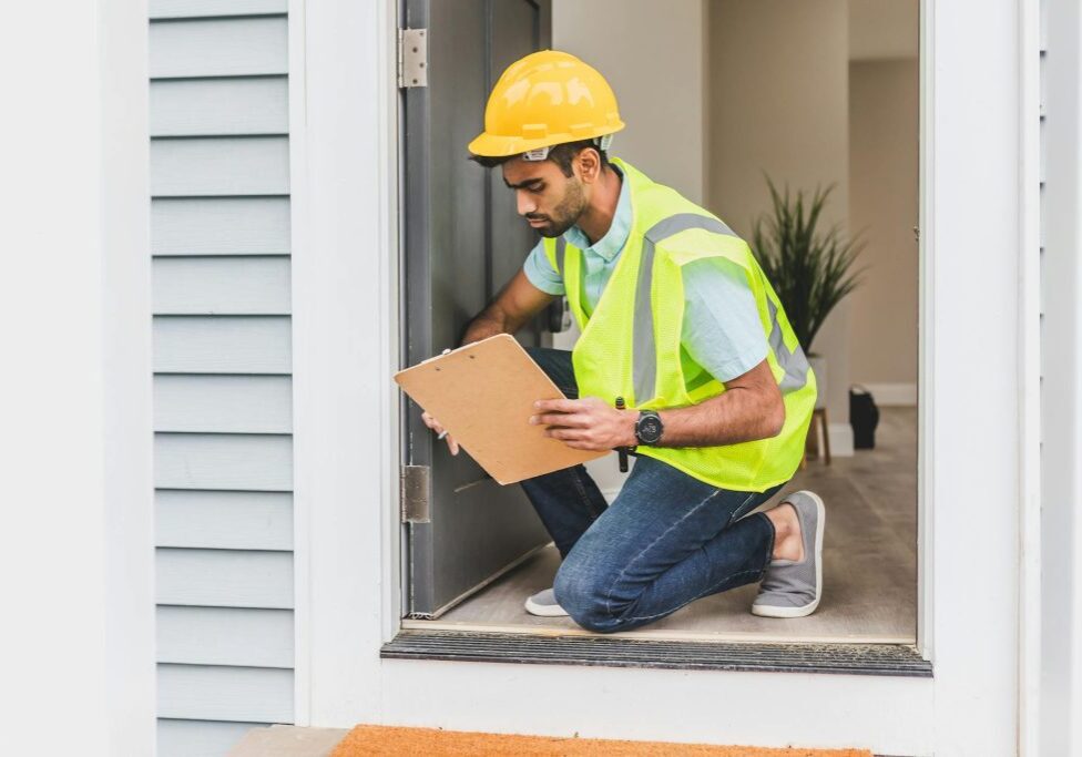 A construction worker conducting a final safety inspection of the completed project